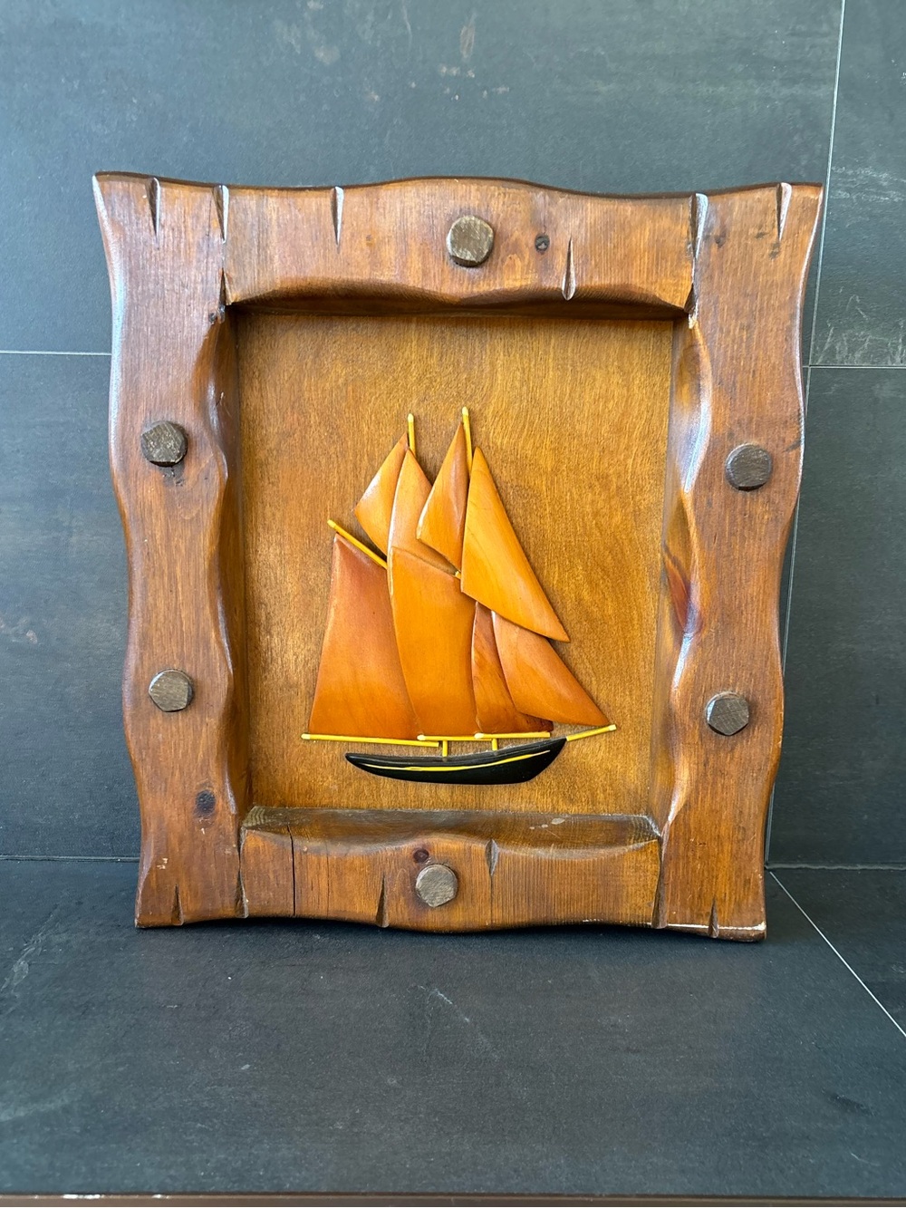 Vintage Maritime Handmade Rustic Wooden 3-D Art Work Plaque, Sailboat/Schooner